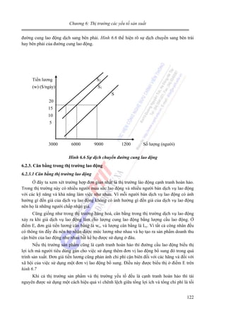 Chương 6: Thị trường các yếu tố sản xuất

đường cung lao động dịch sang bên phải. Hình 6.6 thể hiện rõ sự dịch chuyển sang bên trái
hay bên phải của đường cung lao động.

Tiền lương

S2

(w) ($/ngày)

S1
S

20
15
10
5

3000

6000

9000

1200

Số lượng (người)

Hình 6.6 Sự dịch chuyển đường cung lao động
6.2.3. Cân bằng trong thị trường lao động
6.2.3.1 Cân bằng thị trường lao động

Ở đây ta xem xét trường hợp đơn giản nhất là thị trường lào động cạnh tranh hoàn hảo.
Trong thị trường này có nhiều người mua sức lao động và nhiều người bán dịch vụ lao động
với các kỹ năng và khả năng làm việc như nhau. Vì mỗi người bán dịch vụ lao động có ảnh
hưởng gì đến giá của dịch vụ lao động không có ảnh hưởng gì đến giá của dịch vụ lao động
nên họ là những người chấp nhận giá.
Cũng giống như trong thị trường hàng hoá, cân bằng trong thị trường dịch vụ lao động
xảy ra khi giá dịch vụ lao động làm cho lượng cung lao động bằng lượng cầu lao động. Ở
điểm E, đơn giá tiền lương cân bằng là wc, và lượng cân bằng là Lc. Vì tất cả công nhân đều
có thông tin đầy đủ nên họ nhận được mức lương như nhau và họ tạo ra sản phẩm doanh thu
cận biên của lao động như nhau bất kể họ được sử dụng ở đâu.
Nếu thị trường sản phẩm cũng là cạnh tranh hoàn hảo thì đường cầu lao động biểu thị
lợi ích mà người tiêu dùng gán cho việc sử dụng thêm đơn vị lao động bổ sung đó trong quá
trình sản xuất. Đơn giá tiền lương cũng phản ánh chi phí cận biên đối với các hãng và đối với
xã hội của việc sử dụng một đơn vị lao động bổ sung. Điều này được biểu thị ở điểm E trên
hình 6.7
Khi cả thị trường sản phẩm và thị trường yếu tố đều là cạnh tranh hoàn hảo thì tài
nguyên được sử dụng một cách hiệu quả vì chênh lệch giữa tổng lợi ích và tổng chi phí là tối
122

 
