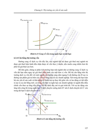 Chương 6: Thị trường các yếu tố sản xuất

Pcho thuê/đơn vị vốn
SSNgắn hạn
SS’Dài hạn
SSDài hạn

O

Q
Hình 6.11 Cung về vốn trong ngắn hạn và dài hạn

6.3.4 Cân bằng thị trường vốn

Đường cung về dịch vụ vốn dốc lên, mọi ngành khi trả được giá thuê mọi ngành trả
được giá thuê hiện hành đều nhận được số vốn theo ý muốn, nếu muốn cung nhiều hơn thì
phải trả giá thuê cao hơn.
Để đơn giản, chúng ta phân tích trường hợp một ngành nhỏ có đường cung về dịch vụ
vốn dài hạn nằm ngay tại giá thuê hiện hành của một đơn vị vốn. Đồ thị cân bằng trên thị
trường dịch vụ vốn đối với một ngành mà đường cung nằm ngang S cắt đường cầu D suy ra
đường sản phẩm giá trị biên của vốn do tổng hợp từ các doanh nghiệp. Xét trong dài hạn toàn
bộ các yếu tố sản xuất và khả năng kỹ thuật mà sự thay thế giữa vốn và lao động có thể diễn
ra tạo ra sự cân bằng mới. cả trong dài hạn và ngắn hạn các doanh nghiệp và ngành đều điều
chỉnh vốn theo sự tăng tiền công. Đồ thị dưới đây mô tả quá trình đó. Với sự tác động của
tăng tiền công thì trong ngắn hạn D dịch chuyển xuống dưới D’ nên E dịch chuyển tới E’ còn
trong dài hạn E dịch chuyển tới E”.
PCho thuê/ 1 đơn vị

Scố định nắn hạn
Scố định dài hạn

P0

E”

E
D

P1
O

E’

D’
QK

Hình 6.12 cân bằng thị trường vốn

127

 