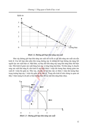 Chương 1: Tổng quan về kinh tế học vi mô
Quần áo

5

A

4

B

3

C

2

D

1

E

0

1

2

3

F

4

5

Lương thực

Hình 1.2. Đường giới hạn khả năng sản xuất
Như vậy đường giới hạn khả năng sản xuất mô tả tất cả các khả năng sản xuất của nền
kinh tế. Các kết hợp nằm phía bên trong đường này là những kết hợp không tận dụng hết
nguồn lực sản xuất hiện có. Mặt khác, sự thay đổi khả năng này sang khả năng khác thể hiện
việc. Nền kinh tế giảm sản xuất hàng hoá này và tăng hàng hoá khác. Từ khả năng A chuyển
sang sản xuất khả năng B, nền kinh tế sản xuất thêm 1 triệu tấn lương thực nhưng giảm sản
xuất đi 1 triệu bộ quần áo. Như vậy, chi phí cơ hội của việc có thêm 1 triệu tấn lương thực
trong trường hợp này 1 triệu bộ quần áo bị mất đi. Trong nền kinh tế trên chúng ta quan sát
thấy 1 hiện tượng là chi phí cơ hội không thay đổi tại một khả năng khác nhau.
Y
A

B
C

F

E

D
0

1

2

X
3

Hình 1.3 - Đường giới hạn khả năng sản xuất
12

 