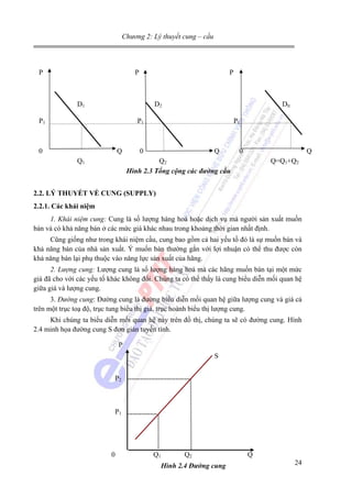 Chương 2: Lý thuyết cung – cầu

P

P

P

D1

D2

P1

Dtt

P1

0

Q
Q1

P1

0

Q

0

Q

Q2
Hình 2.3 Tổng cộng các đường cầu

Q=Q1+Q2

2.2. LÝ THUYẾT VỀ CUNG (SUPPLY)
2.2.1. Các khái niệm
1. Khái niệm cung: Cung là số lượng hàng hoá hoặc dịch vụ mà người sản xuất muốn
bán và có khả năng bán ở các mức giá khác nhau trong khoảng thời gian nhất định.
Cũng giống như trong khái niệm cầu, cung bao gồm cả hai yếu tố đó là sự muốn bán và
khả năng bán của nhà sản xuất. Ý muốn bán thường gắn với lợi nhuận có thể thu được còn
khả năng bán lại phụ thuộc vào năng lực sản xuất của hãng.
2. Lượng cung: Lượng cung là số lượng hàng hoá mà các hãng muốn bán tại một mức
giá đã cho với các yếu tố khác không đổi. Chúng ta có thể thấy là cung biểu diễn mối quan hệ
giữa giá và lượng cung.
3. Đường cung: Đường cung là đường biểu diễn mối quan hệ giữa lượng cung và giá cả
trên một trục toạ độ, trục tung biểu thị giá, trục hoành biểu thị lượng cung.
Khi chúng ta biểu diễn mối quan hệ này trên đồ thị, chúng ta sẽ có đường cung. Hình
2.4 minh họa đường cung S đơn giản tuyến tính.
P
S
P2

P1

0

Q1

Q2
Hình 2.4 Đường cung

Q
24

 