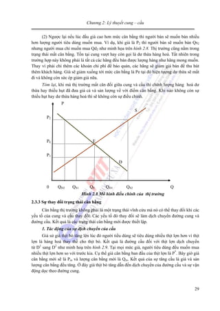 Chương 2: Lý thuyết cung – cầu
(2) Ngược lại nếu lúc đầu giá cao hơn mức cân bằng thì người bán sẽ muốn bán nhiều
hơn lượng người tiêu dùng muốn mua. Ví dụ, khi giá là P2 thì người bán sẽ muốn bán Qs2
nhưng người mua chỉ muốn mua Qd2 như minh họa trên hình 2.8. Thị trường cũng nằm trong
trạng thái mất cân bằng. Tồn tại cung vượt hay còn gọi là dư thừa hàng hoá. Tất nhiên trong
trường hợp này không phải là tất cả các hãng đều bán được lượng hàng như hãng mong muốn.
Thay vì phải chi thêm các khoản chi phí để bảo quản, các hãng sẽ giảm giá bán để thu hút
thêm khách hàng. Giá sẽ giảm xuống tới mức cân bằng là Pe tại đó hiện tượng dư thừa sẽ mất
đi và không còn sức ép giảm giá nữa.
Tóm lại, khi mà thị trường mất cân đối giữa cung và cầu thì chính lượng hàng hoá dư
thừa hay thiếu hụt đã đưa giá cả và sản lượng về với điểm cân bằng. Khi nào không còn sự
thiếu hụt hay dư thừa hàng hoá thì sẽ không còn sự điều chỉnh.
P
S
P2

PE

E

P1
D

0

QD2

QS1

QE

QD1

QS2

Q

Hình 2.8 Mô hình điều chính của thị trường
2.3.3 Sự thay đổi trạng thái cân bằng
Cân bằng thị trường không phải là một trạng thái vĩnh cửu mà nó có thể thay đổi khi các
yếu tố của cung và cầu thay đổi. Các yếu tố đó thay đổi sẽ làm dịch chuyển đường cung và
đường cầu. Kết quả là các trạng thái cân bằng mới được thiết lập.
1. Tác động của sự dịch chuyển của cầu
Giả sử giá thịt bò tăng lên lúc đó người tiều dùng sẽ tiêu dùng nhiều thịt lợn hơn vì thịt
lợn là hàng hoá thay thế cho thịt bò. Kết quả là đường cầu đối với thịt lợn dịch chuyển
từ D1 sang D2 như minh hoạ trên hình 2.9. Tại mọi mức giá, người tiêu dùng đều muốn mua
nhiều thịt lợn hơn so với trước kia. Cụ thể giá cân bằng ban đầu của thịt lợn là P*. Bây giờ giá
cân bằng mới sẽ là Pm và lượng cân bằng mới là Qm. Kết quả của sự tăng cầu là giá và sản
lượng cân bằng đều tăng. Ở đây giá thịt bò tăng dẫn đến dịch chuyển của đường cầu và sự vận
động dọc theo đường cung.

29

 
