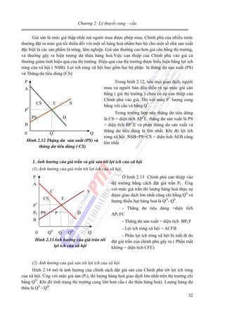 Chương 2: Lý thuyết cung – cầu
Giá sàn là mức giá thập nhất mà người mua được phép mua. Chính phủ của nhiều nước
thường đặt ra mức giá tối thiểu đối với một số hàng hoá nhằm bảo hộ cho một số nhà sản xuất
đặc biệt là các sản phẩm là nông, lâm nghiệp. Giá sàn thường cao hơn giá cân bằng thị trường,
và thường gây ra hiện tượng dư thừa hàng hoá.Việc can thiệp của Chính phủ vào giá cả
thường giảm tính hiệu quả của thị trường. Hiệu quả của thị trường được biểu hiện bằng lợi ích
ròng của xã hội ( NSB). Lợi ích ròng xã hội bao gồm hai bộ phận là thăng dư sản xuất (PS)
và Thăng dư tiêu dùng (CS)
P

Trong hình 2.12, nếu mọi giao dịch, người
mua và người bán đều diễn ra tại mức giá cân
bằng ( giá thị trường ) chưa có sự can thiệp của
Chính phủ vào giá. Thì với mức P* lượng cung
bằng với cầu và bằng Q*.

A
CS

E

S

*

P

PS

D

B
Q*

0

Q

Hình 2.12 Thặng dư sản xuất (PS) và
thăng dư tiêu dùng ( CS)

Trong trường hợp này thăng dư tiêu dùng
là CS = diện tích AP*E, thăng dư sản xuất là PS
= diện tích BP*E và phần thăng dư sản xuất và
thăng dư tiêu dùng là lớn nhất. Khi đó lợi ích
ròng xã hội NSB=PS+CS = diện tích AEB cũng
lớn nhất

3. Ảnh hưởng của giá trần và giá sản tới lợi ích của xã hội
(1) Ảnh hưởng của giá trần tới lợi ích của xã hội
P
A
C

S

CS

E

*

P

PC PS

F

Ở hình 2.13 Chính phủ can thiệp vào
thị trường bằng cách đặt giá trần PC. Ứng
với mức giá trần thì lượng hàng hoá thực sự
được giao dịch lớn nhất cũng chỉ bằng QS và
lượng thiếu hụt hàng hoá là QD- QS.
- Thăng dư tiêu dùng =diện tích
APCFC

D

B
0

- Thăng dư sản xuất = diện tích BPCF
QS

Q*

QD

Q

Hình 2.13Ảnh hưởng của giá trân tới
lợi ích của xã hội

- Lợi ích ròng xã hội = ACFB
- Phần lợi ích ròng xã hội bị mất đi do
đặt giá trần của chính phủ gây ra ( Phần mất
không = diện tích CFE)

(2) Ảnh hưởng của giá sàn tới lợi ích của xã hội
Hình 2.14 mô tả ảnh hưởng của chính sách đặt giá sàn của Chính phủ tới lợi ích ròng
của xã hội. Ứng với mức giá sàn (Pf), thì lượng hàng hoá giao dịch lớn nhất trên thị trường chỉ
bằng QD. Khi đó tình trạng thị trường cung lớn hơn cầu ( dư thừa hàng hoá). Lượng hàng dư
thừa là QS - QD.
32

 