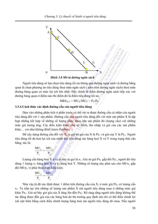 Chương 3: Lý thuyết về hành vi người tiêu dùng

Y
A
C

D
I2

I1
0

B

X

Hình 3.8 Mô tả đường ngân sách

Người tiêu dùng sẽ lựa chọn tiêu dùng tối ưu thông qua đường ngân sách và đường bằng
quan là chọn phương án tiêu dùng thoả mãn ngân sách ( nằm trên đường ngân sách) thoả mãn
đường bàng quan có mức lợi ích lớn nhất. Đấy chính là điểm đường ngân sách tiếp xúc với
đường bàng quan ở điểm nào thì điểm đó là điểm tiêu dùng tối ưu.
MRSX/Y = MUX/MUY = PX/PY
3.3.4 Cách thức xác định đường cầu của người tiêu dùng

Dựa vào những phân tích ở phần trước có thể rút ra được đường cầu cá nhân của người
tiêu dùng đối với 1 sản phẩm. Đường cầu của người tiêu dùng đối với một sản phẩm X là tập
hợp những kết hợp về những số lượng khác nhau của sản phẩm đó (lượng cầu) với những
mức giá tương ứng. Các điều kiện khác như sở thích, thu nhập và giá của các sản phẩm
khác… coi như không đổi(Ceteris Paribus).
Để xây dựng đường cầu đối với X, ta giả sử giá của X là Px1 và giá của Y là Py1. Người
tiêu dùng tối đa hoá lợi ích của mình khi tiêu dùng các hàng hoá X và Y trong trạng thái cân
bằng, tức là:
MU x1
Px1

=

MU y1
Py1

Lượng cầu hàng hoá X ở vị trí này ta gọi là x1. Giả sử giá Px1 gấp đôi Py1, người đó tiêu
dùng 1 lượng x1 hàng hoá X và y1 hàng hoá Y. Những số lượng này phải sao cho MUx1 gấp
đôi MUy1 vì phải thoả mãn điều kiện:
MU x1
Px1

=

MU y1
Py1

Như vậy,là đã xác định được 1 điểm trên đường cầu của X, ở mức giá Px1 có lượng cầu
x1. Ta tiếp tục tìm những số lượng sản phẩm X mà người tiêu dùng mua ở những mức giá
khác Px1. Giả sử bây giờ giá của X tăng lên đến Px2. Rõ ràng rằng người tiêu dùng không thể
tác động được đến giá của các hàng hoá do thị trường quy định mà chỉ có thể điều chỉnh lợi
ích cận biên bằng cách điều chỉnh lượng hàng hoá mà người tiêu dùng đó mua. Nếu người
58

 