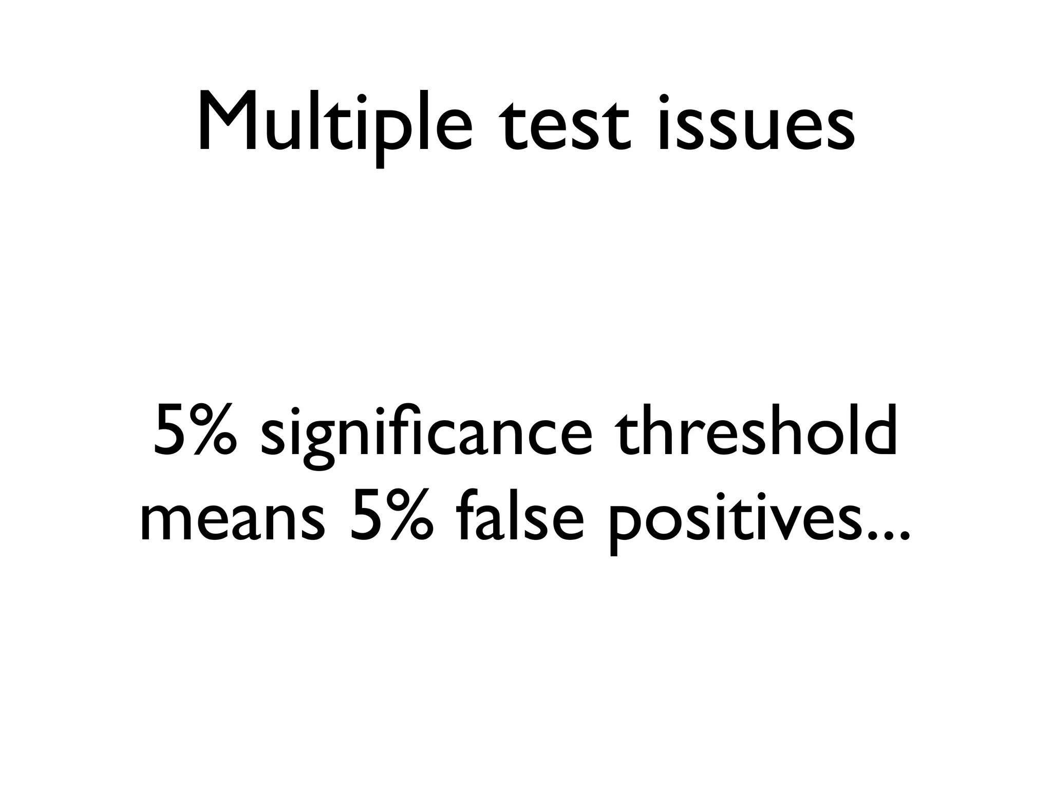 Multiple test issues


5% signiﬁcance threshold
means 5% false positives...
 