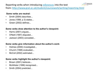 Reporting verbs when introducing references into the text
from: http://www.gcal.ac.uk/student/coursework/writing/reporting.html

 Some verbs are neutral:
• Smith (2004) describes...
• Jones (1999, p 3) states...
• Green (2002) defines...

Some verbs draw attention to the author's viewpoint:
• Harris (2001) argues...
• O'Neill (1997) disputed...
• Jackson (2003) conceded...

Some verbs give information about the author's work:
• Holmes (2000) investigated...
• Church (1998) evaluated...
• McColl (2002) estimated...

Some verbs highlight the author's viewpoint:
• Brown (2001) believes...
• McAllister (1996) recognised...
• Smith (2004) predicted...
 