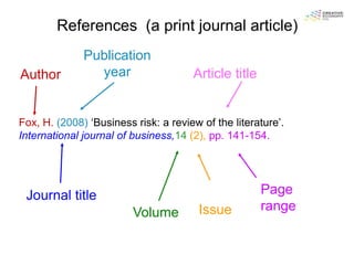 References (a print journal article)
              Publication
Author          year                  Article title


Fox, H. (2008) „Business risk: a review of the literature‟.
International journal of business,14 (2), pp. 141-154.




 Journal title                                        Page
                         Volume         Issue         range
 