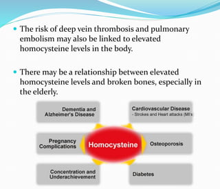  The risk of deep vein thrombosis and pulmonary
embolism may also be linked to elevated
homocysteine levels in the body.
 There may be a relationship between elevated
homocysteine levels and broken bones, especially in
the elderly.
 