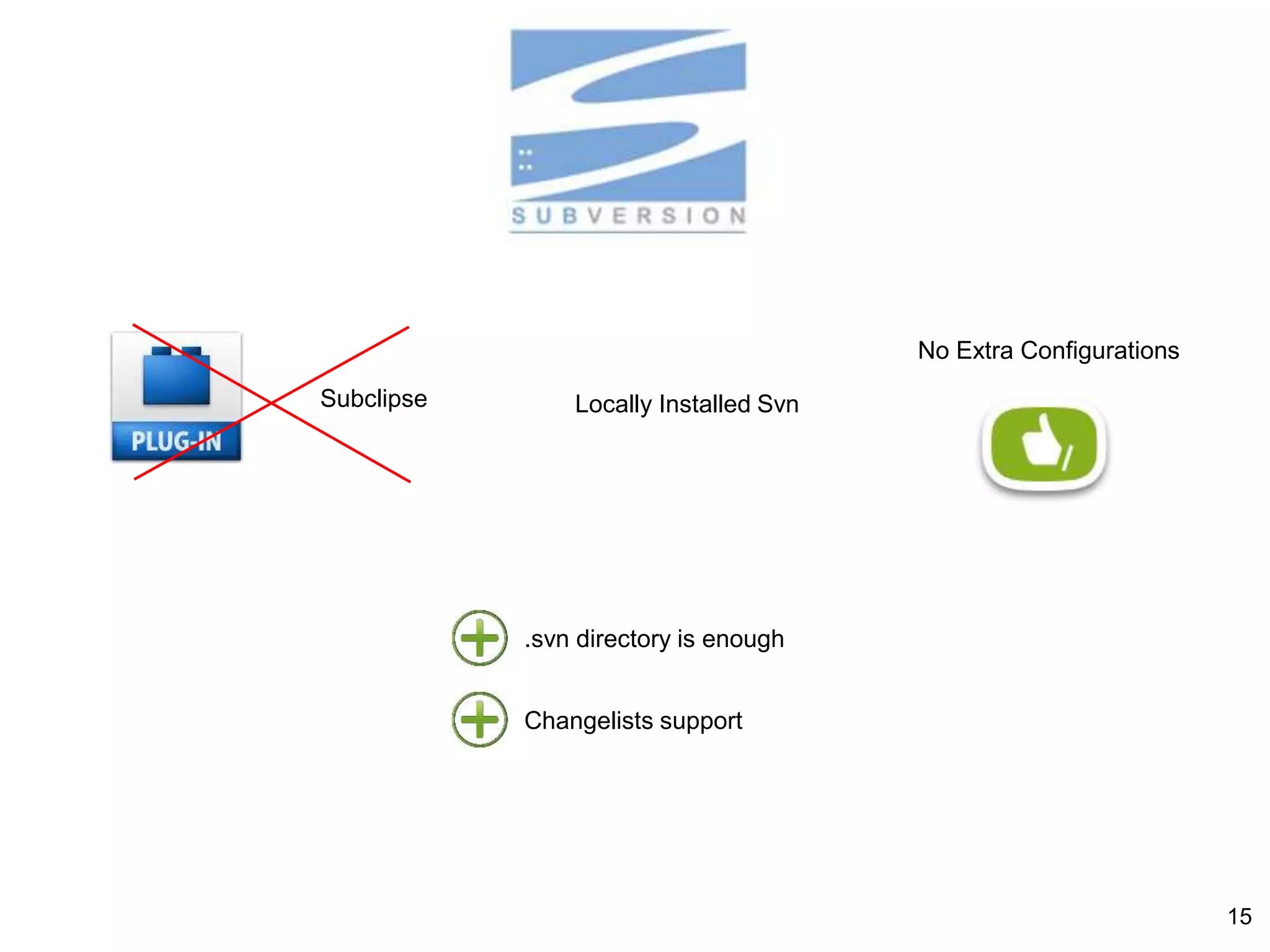 Subclipse Locally Installed Svn
No Extra Configurations
.svn directory is enough
Changelists support
15
 