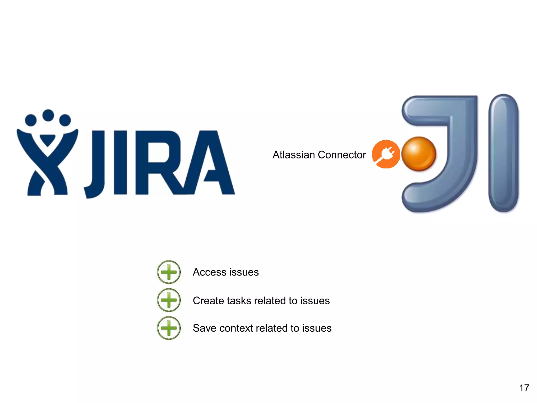 Atlassian Connector
Access issues
Create tasks related to issues
Save context related to issues
17
 