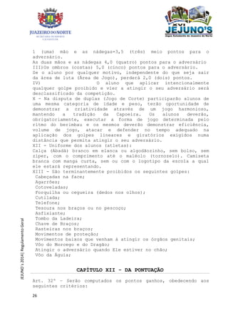 26
JEJUNO´s2014|RegulamentoGeral
1 (uma) mão e as nádegas=3,5 (três) meio pontos para o
adversário.
As duas mãos e as nádegas 4,0 (quatro) pontos para o adversário
III)Os ombros (costas) 5,0 (cinco) pontos para o adversário.
Se o aluno por qualquer motivo, independente do que seja sair
da área de luta (Área de Jogo), perderá 2,0 (dois) pontos.
IV) O aluno que aplicar intencionalmente
qualquer golpe proibido e vier a atingir o seu adversário será
desclassificado da competição.
X - Na disputa de duplas (Jogo de Corte) participarão alunos de
uma mesma categoria de idade e peso, terão oportunidade de
demonstrar a criatividade através de um jogo harmonioso,
mantendo a tradição da Capoeira. Os alunos deverão,
obrigatoriamente, executar a forma de jogo determinada pelo
rítmo do berimbau e os mesmos deverão demonstrar eficiência,
volume de jogo, atacar e defender no tempo adequado na
aplicação dos golpes lineares e giratórios exigidos numa
distância que permita atingir o seu adversário.
XII - Uniforme dos alunos (atletas):
Calça (Abadá) branco em elanca ou algodãozinho, sem bolso, sem
zíper, com o comprimento até o maléolo (tornozelo). Camiseta
branca com manga curta, sem ou com o logotipo da escola a qual
ele estará representando.
XIII - São terminantemente proibidos os seguintes golpes:
Cabeçadas na face;
Agarrões;
Cotoveladas;
Forquilha ou cegueira (dedos nos olhos);
Cutilada;
Telefone;
Tesoura nos braços ou no pescoço;
Asfixiante;
Tombo da Ladeira;
Chave de Braços;
Rasteiras nos braços;
Movimentos de proteção;
Movimentos baixos que venham à atingir os órgãos genitais;
Vôo do Morcego e do Dragão;
Atingir o adversário quando Ele estiver no chão;
Vôo da Águia;
CAPÍTULO XII - DA PONTUAÇÃO
Art. 32º – Serão computados os pontos ganhos, obedecendo aos
seguintes critérios:
 