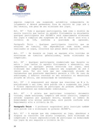 28
JEJUNO´s2014|RegulamentoGeral
expulso cumprirá uma suspensão automática independente do
julgamento e deverá permanecer fora do recinto do jogo até o
seu término, sob pena de ser eliminado dos jogos.
Art. 36º – Todo e qualquer participante, bem como o diretor da
escola inscrito que tentar ou agredir fisicamente ou moralmente
qualquer participante dos JEJUNO’s será sumariamente eliminado
dos jogos e cumprirá uma suspensão de até 02 (dois) anos e/ou a
critério do CJD, conforme a gravidade de agressão.
Parágrafo Único – Qualquer participante inscrito que se
envolver em tumulto, nas dependências onde estão sendo
realizados os jogos, incorrerá nas penas deste capítulo XIV.
Art. 37º – Se durante os jogos as equipes e/ou torcidas se
envolverem em tumultos generalizados, serão eliminados da
competição.
Art. 38º – Qualquer participante credenciado que durante ou
extra – jogo tentar ou agredir fisicamente o adversário, seu
companheiro ou qualquer pessoa envolvida nos jogos, será
eliminado das competições e cumprirá uma suspensão de até 2
(dois) anos. Tal ato terá que ser comprovado através de
testemunhas que prestarão depoimento perante a CJD. No caso da
arbitragem, o árbitro constará no seu relatório ou denunciará
através de ofício, sem necessidade de testemunhas.
Art. 39º – O responsável por equipe que ocasionar um W x O,
prejudicando o seu time, será punido com a suspensão nos jogos
e ficará impossibilitado de participar do próximo JEJUNO’s. O
mesmo acontecerá nas modalidades individuais.
Art. 40º – O atleta que participar irregular: documento
trocado, idade estourada, competir sem estar inscrito, competir
estando suspenso por qualquer motivo, exceder ao número de
modalidades e/ou provas permitidas, será punido conforme este
Regulamento e/ou a critério da CD.
Parágrafo Único – O professor responsável pela inscrição também
será punido com a eliminação do próximo JEJUNO’s.
Art. 41º – A equipe que não comparecer ao jogo, abandonar a
disputa ou concorrer com atleta irregular, será eliminado da
competição e ficará impossibilitada de participar na modalidade
nos jogos do ano seguinte a critério da CD.
 
