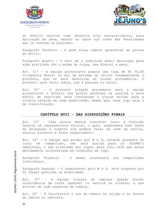 31
JEJUNO´s2014|RegulamentoGeral
do árbitro servirá como denúncia e/ou esclarecimento, para
aplicação da pena, exceto os casos nos itens das Penalidades
que já constam as punições.
Parágrafo Terceiro - A quem acusa caberá apresentar as provas
do delito.
Parágrafo Quarto - O fato de o indiciado pedir desculpas pela
ação praticada não o exime de culpa, nem diminui a pena.
Art. 51º – A equipe protestante pagará uma taxa de R$ 50,00
(Cinquenta Reais) no ato da entrega do ofício fundamentando o
protesto, que só será devolvida se houver procedência. O
protesto será feito sobre, até 3 pessoas ou fatos.
Art. 52º – O protesto julgado procedente dará a equipe
protestante o direito dos pontos perdidos na partida e para
efeito de resultado será consignado o placar mínimo para a
vitória exigido em cada modalidade, mesmo que, esse jogo seja o
de classificação.
CAPÍTULO XVII - DAS DISPOSIÇÕES FINAIS
Art. 53º – Cada escola deverá inscrever junto à Comissão
Central um representante oficial, o qual, responderá como Chefe
da Delegação e somente ele poderá falar em nome da escola,
assinar protesto e fazer requerimento.
Art. 54º – A equipe que perder por W x O, estando presente no
local de competição, não será punida para os JEJUNO’s
seguintes, e nem eliminada dos jogos, para isto terá que estar
devidamente uniformizada em condições de jogo.
Parágrafo Primeiro – O mesmo acontecerá nas competições
individuais.
Parágrafo Segundo - O responsável pelo W x O, será suspenso por
02 (Duas) partidas na modalidade.
Art. 55º – A equipe trocará de camisas quando houver
coincidência de cores (padrão) ou vestirá os coletes, a que
estiver do lado esquerdo da tabela.
Art. 56º – É facultativo o uso do número no calção e na frente
da camisa ou camiseta.
 