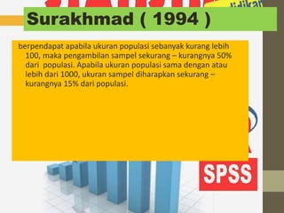 Surakhmad ( 1994 ) 
berpendapat apabila ukuran populasi sebanyak kurang lebih 
100, maka pengambilan sampel sekurang – kurangnya 50% 
dari populasi. Apabila ukuran populasi sama dengan atau 
lebih dari 1000, ukuran sampel diharapkan sekurang – 
kurangnya 15% dari populasi. 
 