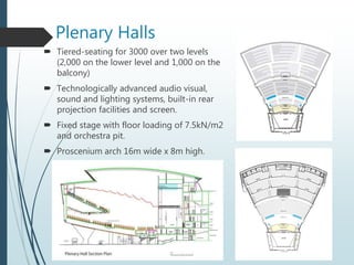 Plenary Halls
 Tiered-seating for 3000 over two levels
(2,000 on the lower level and 1,000 on the
balcony)
 Technologically advanced audio visual,
sound and lighting systems, built-in rear
projection facilities and screen.
 Fixed stage with floor loading of 7.5kN/m2
and orchestra pit.
 Proscenium arch 16m wide x 8m high.
 