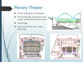 Plenary Theater
 Tiered seating for 470 people
 Technologically advanced audio
visual, sound and lighting system
 Fixed stage
 Proscenium arch 14m wide x
4.5m high
 