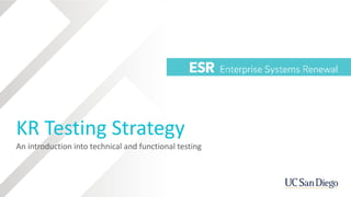 KR Testing Strategy
An introduction into technical and functional testing
 