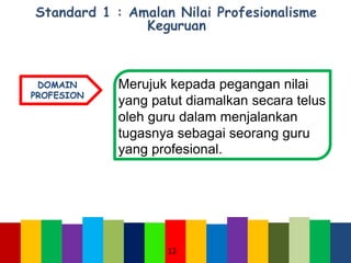 12
DOMAIN
PROFESION
Merujuk kepada pegangan nilai
yang patut diamalkan secara telus
oleh guru dalam menjalankan
tugasnya sebagai seorang guru
yang profesional.
 
