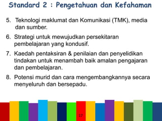 5. Teknologi maklumat dan Komunikasi (TMK), media
dan sumber.
6. Strategi untuk mewujudkan persekitaran
pembelajaran yang kondusif.
7. Kaedah pentaksiran & penilaian dan penyelidikan
tindakan untuk menambah baik amalan pengajaran
dan pembelajaran.
8. Potensi murid dan cara mengembangkannya secara
menyeluruh dan bersepadu.
17
 
