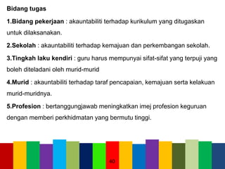 Bidang tugas
1.Bidang pekerjaan : akauntabiliti terhadap kurikulum yang ditugaskan
untuk dilaksanakan.
2.Sekolah : akauntabiliti terhadap kemajuan dan perkembangan sekolah.
3.Tingkah laku kendiri : guru harus mempunyai sifat-sifat yang terpuji yang
boleh diteladani oleh murid-murid
4.Murid : akauntabiliti terhadap taraf pencapaian, kemajuan serta kelakuan
murid-muridnya.
5.Profesion : bertanggungjawab meningkatkan imej profesion keguruan
dengan memberi perkhidmatan yang bermutu tinggi.
40
 