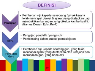 60
Pensijilan
• Pemberian sijil kepada seseorang / pihak kerana
telah mencapai piawai & syarat yang ditetapkan bagi
membuktikan barangan yang dikeluarkan berkualiti.
(Kamus Dewan Edisi Ke-4)
Guru
• Pengajar, pendidik / pengasuh
• Pembimbing dalam proses pembelajaran
Pensijilan
Guru
• Pemberian sijil kepada seorang guru yang telah
mencapai syarat yang ditetapkan oleh kerajaan dan
merupakan guru yang berkualiti
DEFINISI
 