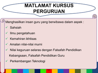 63
MATLAMAT KURSUS
PERGURUAN
Menghasilkan insan guru yang berwibawa dalam aspek :
 Sahsiah
 Ilmu pengetahuan
 Kemahiran ikhtisas
 Amalan nilai-nilai murni
 Nilai keguruan selaras dengan Falsafah Pendidikan
Kebangsaan, Falsafah Pendidikan Guru
 Perkembangan Teknologi
 