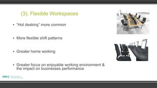 (3). Flexible Workspaces

▪ “Hot desking” more common


▪ More flexible shift patterns


▪ Greater home working


▪ Greater focus on enjoyable working environment &
  the impact on businesses performance
 
