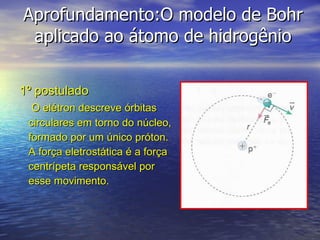 Aprofundamento:O modelo de Bohr aplicado ao átomo de hidrogênio 1º postulado O elétron descreve órbitas  circulares em torno do núcleo,  formado por um único próton.  A força eletrostática é a força  centrípeta responsável por  esse movimento. 