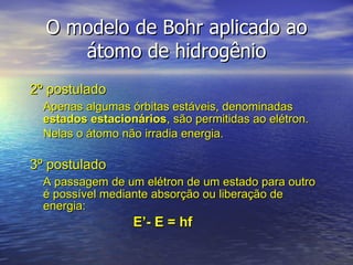 O modelo de Bohr aplicado ao átomo de hidrogênio 2º postulado Apenas algumas órbitas estáveis, denominadas  estados estacionários ,   são permitidas ao elétron.  Nelas o átomo não irradia energia. 3º postulado A passagem de um elétron de um estado para outro é possível mediante absorção ou liberação de energia: E’- E = hf 