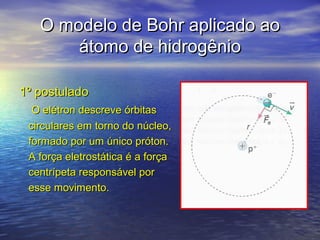 O modelo de Bohr aplicado ao
       átomo de hidrogênio

1º postulado
  O elétron descreve órbitas
 circulares em torno do núcleo,
 formado por um único próton.
 A força eletrostática é a força
 centrípeta responsável por
 esse movimento.
 