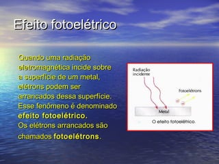 Efeito fotoelétrico

Quando uma radiação
eletromagnética incide sobre
a superfície de um metal,
elétrons podem ser
arrancados dessa superfície.
Esse fenômeno é denominado
efeito fotoelétrico.
Os elétrons arrancados são
chamados fotoelétrons .
 