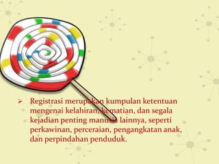    Registrasi merupakan kumpulan ketentuan
    mengenai kelahiran, kematian, dan segala
    kejadian penting manusia lainnya, seperti
    perkawinan, perceraian, pengangkatan anak,
    dan perpindahan penduduk.
 