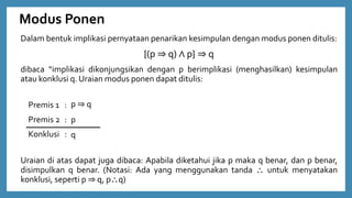 Modus Ponen
Dalam bentuk implikasi pernyataan penarikan kesimpulan dengan modus ponen ditulis:
{(p ⇒ q) ∧ p} ⇒ q
dibaca “implikasi dikonjungsikan dengan p berimplikasi (menghasilkan) kesimpulan
atau konklusi q. Uraian modus ponen dapat ditulis:
Premis 1 :
Premis 2 :
Konklusi :
Uraian di atas dapat juga dibaca: Apabila diketahui jika p maka q benar, dan p benar,
disimpulkan q benar. (Notasi: Ada yang menggunakan tanda  untuk menyatakan
konklusi, seperti p ⇒ q, pq)
p ⇒ q
p
q
 