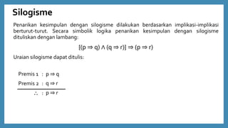 Silogisme
Penarikan kesimpulan dengan silogisme dilakukan berdasarkan implikasi-implikasi
berturut-turut. Secara simbolik logika penarikan kesimpulan dengan silogisme
dituliskan dengan lambang:
{(p ⇒ q) ∧ (q ⇒ r)} ⇒ (p ⇒ r)
Uraian silogisme dapat ditulis:
Premis 1 :
Premis 2 :
 :
p ⇒ q
q ⇒ r
p ⇒ r
 