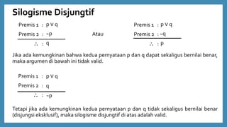 Silogisme Disjungtif
Jika ada kemungkinan bahwa kedua pernyataan p dan q dapat sekaligus bernilai benar,
maka argumen di bawah ini tidak valid.
Premis 1 :
Premis 2 :
 :
Tetapi jika ada kemungkinan kedua pernyataan p dan q tidak sekaligus bernilai benar
(disjungsi eksklusif), maka silogisme disjungtif di atas adalah valid.
p ∨ q
~p
q
p ∨ q
q
~p
Premis 1 :
Premis 2 :
 :
Premis 1 :
Premis 2 :
 :
Atau
p ∨ q
~q
p
 