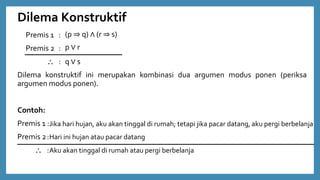 Dilema Konstruktif
Premis 1 :
Premis 2 :
 :
Dilema konstruktif ini merupakan kombinasi dua argumen modus ponen (periksa
argumen modus ponen).
Contoh:
Premis 1 :
Premis 2:
 :
Jika hari hujan, aku akan tinggal di rumah; tetapi jika pacar datang, aku pergi berbelanja
Hari ini hujan atau pacar datang
Aku akan tinggal di rumah atau pergi berbelanja
(p ⇒ q) ∧ (r ⇒ s)
p ∨ r
q ∨ s
 