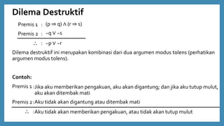 Dilema Destruktif
Premis 1 :
Premis 2 :
 :
Dilema destruktif ini merupakan kombinasi dari dua argumen modus tolens (perhatikan
argumen modus tolens).
Contoh:
Premis 1 :
Premis 2:
 :
Jika aku memberikan pengakuan, aku akan digantung; dan jika aku tutup mulut,
aku akan ditembak mati
Aku tidak akan digantung atau ditembak mati
Aku tidak akan memberikan pengakuan, atau tidak akan tutup mulut
(p ⇒ q) ∧ (r ⇒ s)
~q ∨ ~s
~p ∨ ~r
 