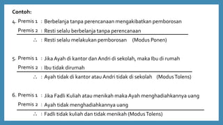 Contoh:
4. Premis 1 :
Premis 2 :
 :
5. Premis 1 :
Premis 2 :
 :
6. Premis 1 :
Premis 2 :
 :
Berbelanja tanpa perencanaan mengakibatkan pemborosan
Resti selalu berbelanja tanpa perencanaan
Resti selalu melakukan pemborosan (Modus Ponen)
Jika Ayah di kantor dan Andri di sekolah, maka Ibu di rumah
Ibu tidak dirumah
Ayah tidak di kantor atau Andri tidak di sekolah (ModusTolens)
Jika Fadli Kuliah atau menikah makaAyah menghadiahkannya uang
Ayah tidak menghadiahkannya uang
Fadli tidak kuliah dan tidak menikah (ModusTolens)
 