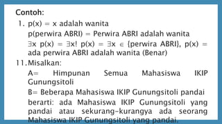 Contoh:
1. p(x) = x adalah wanita
p(perwira ABRI) = Perwira ABRI adalah wanita
x p(x) = x! p(x) = x  {perwira ABRI}, p(x) =
ada perwira ABRI adalah wanita (Benar)
11.Misalkan:
A= Himpunan Semua Mahasiswa IKIP
Gunungsitoli
B= Beberapa Mahasiswa IKIP Gunungsitoli pandai
berarti: ada Mahasiswa IKIP Gunungsitoli yang
pandai atau sekurang-kurangya ada seorang
Mahasiswa IKIP Gunungsitoli yang pandai.
 