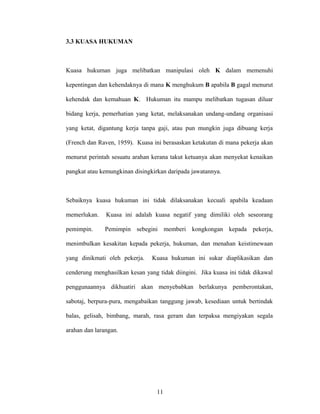 3.3 KUASA HUKUMAN
Kuasa hukuman juga melibatkan manipulasi oleh K dalam memenuhi
kepentingan dan kehendaknya di mana K menghukum B apabila B gagal menurut
kehendak dan kemahuan K. Hukuman itu mampu melibatkan tugasan diluar
bidang kerja, pemerhatian yang ketat, melaksanakan undang-undang organisasi
yang ketat, digantung kerja tanpa gaji, atau pun mungkin juga dibuang kerja
(French dan Raven, 1959). Kuasa ini berasaskan ketakutan di mana pekerja akan
menurut perintah sesuatu arahan kerana takut ketuanya akan menyekat kenaikan
pangkat atau kemungkinan disingkirkan daripada jawatannya.
Sebaiknya kuasa hukuman ini tidak dilaksanakan kecuali apabila keadaan
memerlukan. Kuasa ini adalah kuasa negatif yang dimiliki oleh seseorang
pemimpin. Pemimpin sebegini memberi kongkongan kepada pekerja,
menimbulkan kesakitan kepada pekerja, hukuman, dan menahan keistimewaan
yang dinikmati oleh pekerja. Kuasa hukuman ini sukar diaplikasikan dan
cenderung menghasilkan kesan yang tidak diingini. Jika kuasa ini tidak dikawal
penggunaannya dikhuatiri akan menyebabkan berlakunya pemberontakan,
sabotaj, berpura-pura, mengabaikan tanggung jawab, kesediaan untuk bertindak
balas, gelisah, bimbang, marah, rasa geram dan terpaksa mengiyakan segala
arahan dan larangan.
11
 