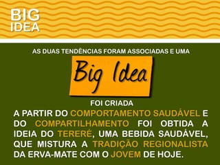 AS DUAS TENDÊNCIAS FORAM ASSOCIADAS E UMA
Big Idea
FOI CRIADA
A PARTIR DO COMPORTAMENTO SAUDÁVEL E
DO COMPARTILHAMENTO FOI OBTIDA A
IDEIA DO TERERÉ, UMA BEBIDA SAUDÁVEL,
QUE MISTURA A TRADIÇÃO REGIONALISTA
DA ERVA-MATE COM O JOVEM DE HOJE.
BIG
IDEA
 