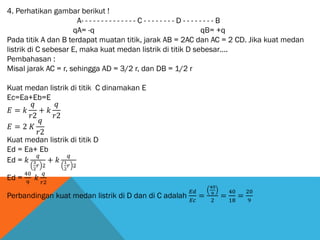 4. Perhatikan gambar berikut !
A- - - - - - - - - - - - - - C - - - - - - - - D - - - - - - - - B
qA= -q qB= +q
Pada titik A dan B terdapat muatan titik, jarak AB = 2AC dan AC = 2 CD. Jika kuat medan
listrik di C sebesar E, maka kuat medan listrik di titik D sebesar….
Pembahasan :
Misal jarak AC = r, sehingga AD = 3/2 r, dan DB = 1/2 r
Kuat medan listrik di titik C dinamakan E
Ec=Ea+Eb=E
𝐸 = 𝑘
𝑞
𝑟2
+ 𝑘
𝑞
𝑟2
𝐸 = 2 𝐾
𝑞
𝑟2
Kuat medan listrik di titik D
Ed = Ea+ Eb
Ed = 𝑘
𝑞
3
2
𝑟 2
+ 𝑘
𝑞
1
2
𝑟 2
Ed =
40
9
𝑘
𝑞
𝑟2
Perbandingan kuat medan listrik di D dan di C adalah
𝐸𝑑
𝐸𝑐
=
40
9
2
=
40
18
=
20
9
 