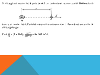 5. Hitung kuat medan listrik pada jarak 1 cm dari sebuah muatan positif 10-6 coulomb
Arah kuat medan listrik E adalah menjauhi muatan sumber q. Besar kuat medan listrik
dihitung dengan :
E = k
𝑞
𝑟2
= (9 × 109) x
10−6
10−2 2 = 9× 107 NC-1.
 
