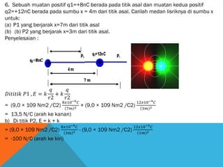 6. Sebuah muatan positif q1=+8nC berada pada titik asal dan muatan kedua positif
q2=+12nC berada pada sumbu x = 4m dari titik asal. Carilah medan lisriknya di sumbu x
untuk:
(a) P1 yang berjarak x=7m dari titik asal
(b) (b) P2 yang berjarak x=3m dari titik asal.
Penyelesaian :
𝐷𝑖𝑡𝑖𝑡𝑖𝑘 𝑃1 , 𝐸 = 𝑘
𝑞
𝑟2
+ 𝑘
𝑞
𝑟2
= (9,0 × 109 Nm2 /C2)
8𝑥10−9 𝐶
7𝑚 2 + (9,0 × 109 Nm2 /C2)
12𝑥10−9 𝐶
3𝑚 2
= 13,5 N/C (arah ke kanan)
b) Di titik P2, E = k + k
= (9,0 × 109 Nm2 /C2)
8𝑥10−9 𝐶
3m 2 - (9,0 × 109 Nm2 /C2)
12𝑥10−9 𝐶
1𝑚 2
= -100 N/C (arah ke kiri)
 