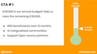 @Kubair shirazee.com
€40,000 is our annual budget! Help us
raise the remaining €30,000.
● 800 beneficiaries over 12 months.
● 12 marginalised communities.
● Support Open source partners.
CTA # 1
€10,000-
RAISED
GOAL
€40,000-
 