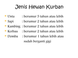 Jenis Hewan Kurban






Unta
Sapi
Kambing
Kerbau
Domba

: berumur 5 tahun atau lebih
: berumur 2 tahun atau lebih
: berumur 2 tahun atau lebih
: berumur 2 tahun atau lebih
: berumur 1 tahun lebih atau
sudah berganti gigi

 