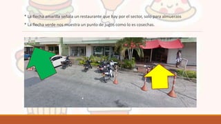 * La flecha amarilla señala un restaurante que hay por el sector, solo para almuerzos
* La flecha verde nos muestra un punto de jugos como lo es cosechas.
 
