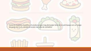 Como lo muestra el gráfico, el producto que mas demanda tiene es la salchipapa con un rango
de gusto de 4 a 5, siendo la escala mas alta de consumo.
 