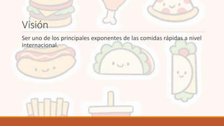 Visión
Ser uno de los principales exponentes de las comidas rápidas a nivel
internacional.
 