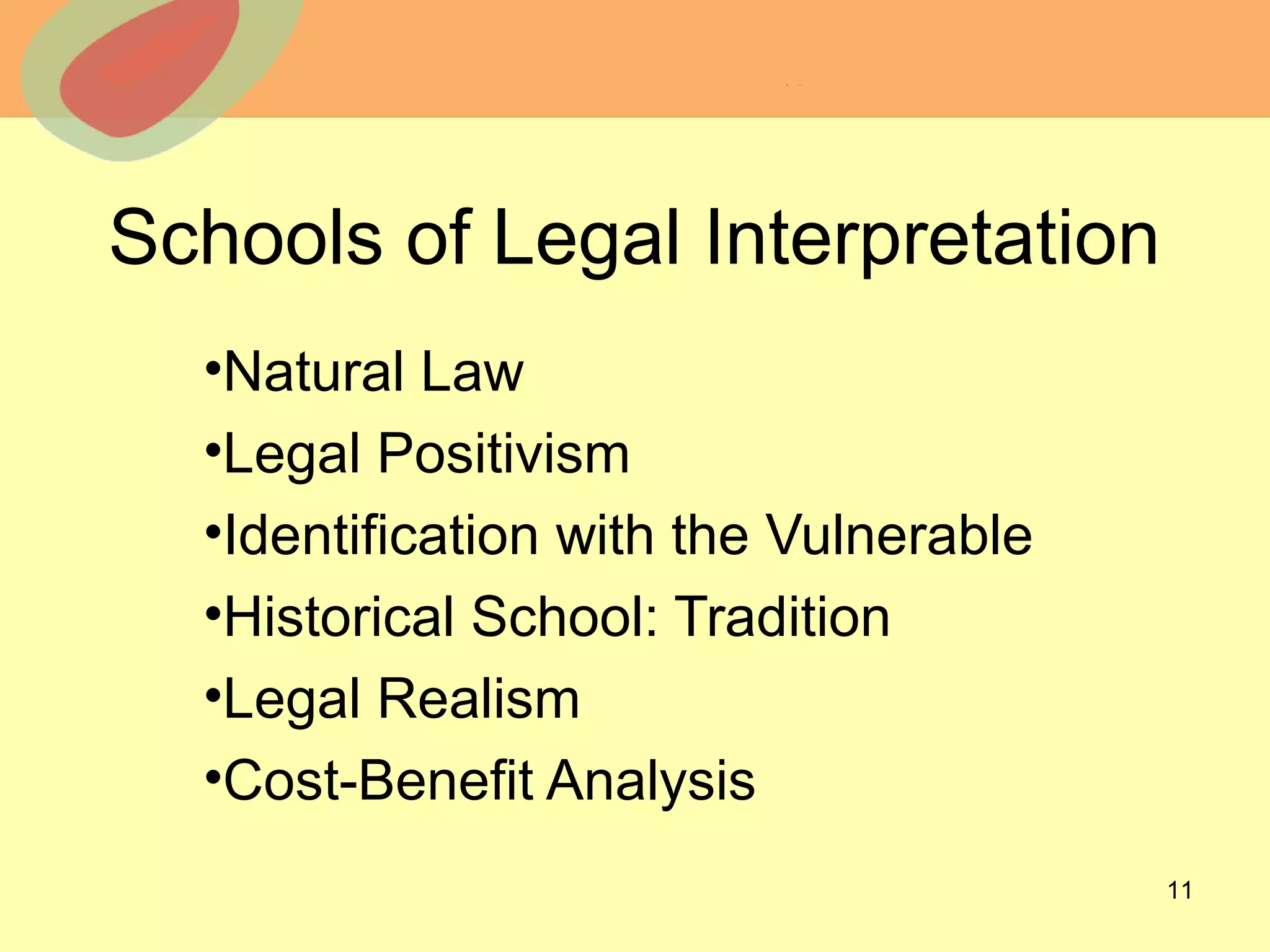 © 2013 The McGraw-Hill Companies, Inc. All rights reserved.
Schools of Legal Interpretation
•Natural Law
•Legal Positivism
•Identification with the Vulnerable
•Historical School: Tradition
•Legal Realism
•Cost-Benefit Analysis
11
 