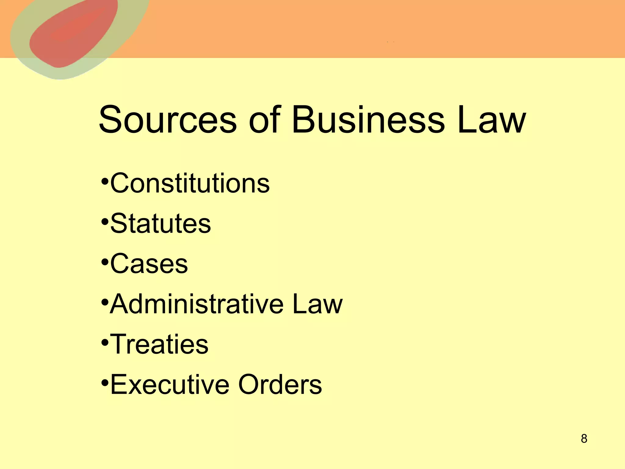 © 2013 The McGraw-Hill Companies, Inc. All rights reserved.
Sources of Business Law
•Constitutions
•Statutes
•Cases
•Administrative Law
•Treaties
•Executive Orders
8
 